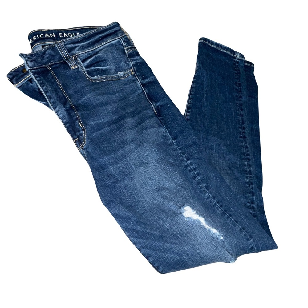 American Eagle Size 8 Super Stretchy Dark Wash Distressed Jeggings